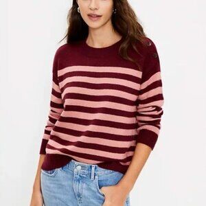 Ann Taylor LOFT Burgundy & Blush Striped Button Shoulder Sweater XS